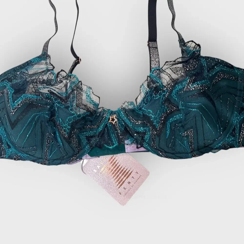 Savage X Fenty Shining Star Embroidered Half Cup Plunge Bra 36D | Blue Festival